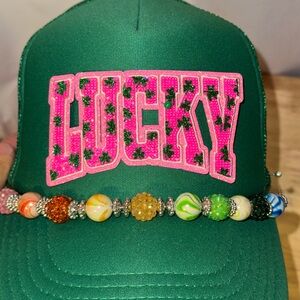 OTTO Green Cap with Pink 'Lucky' Design and the most fun hat chain -you pick!